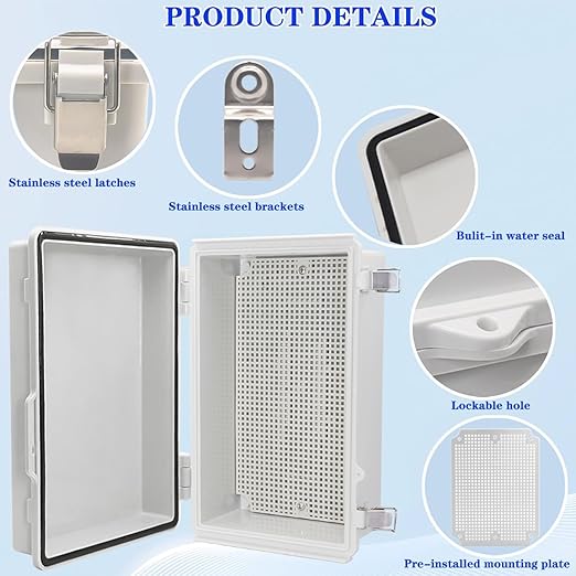 Waterproof Electrical Box, IP67 Junction Box Stainless Steel Latch Hinged Grey Cover Project Enclosure with Wall Bracket 10.2" x 6.3" x 3.9"