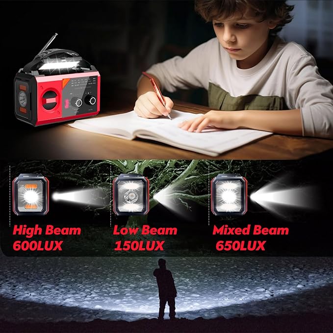 20000mAh/74000mWh Solar Hand Crank Emergency Radio - AM/FM/NOAA Weather Alert, Portable Power Bank, 3-Mode Flashlight & Reading Lamp, SOS Alarm, Phone Charger for Outdoor/Camping/Emergency(Red)
