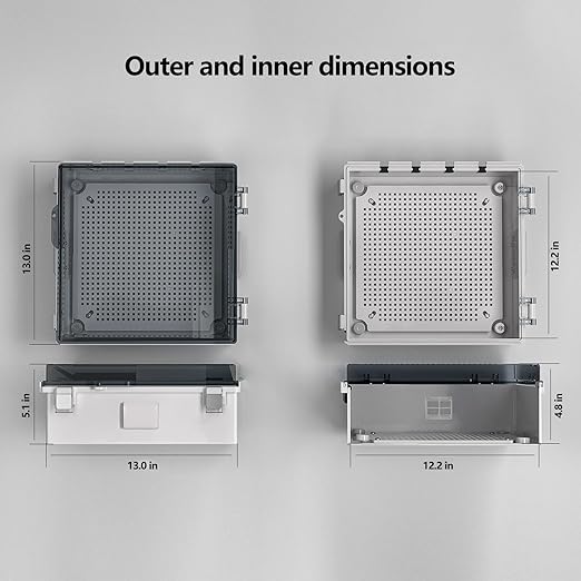 ABS Electrical Junction Box, Ventilated Design, Cable Grommets, IP65 Waterproof Enclosure, Indoor/Outdoor Use with Mounting Panel.. (Clear Cover, 13"x13"x5.1")