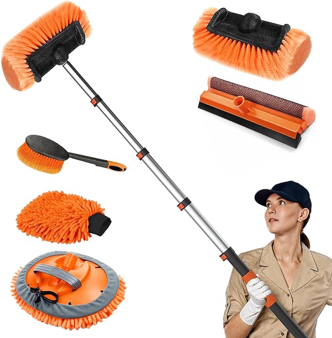 16FT Car Wash Brush with Long Handle, Car Cleaning Brush Kit with Soft Bristle Brush, Window Squeegee, Microfiber Mop, Wheel Brush, Mitt for Cleaning Truck, RV, Boat, Solar Panels