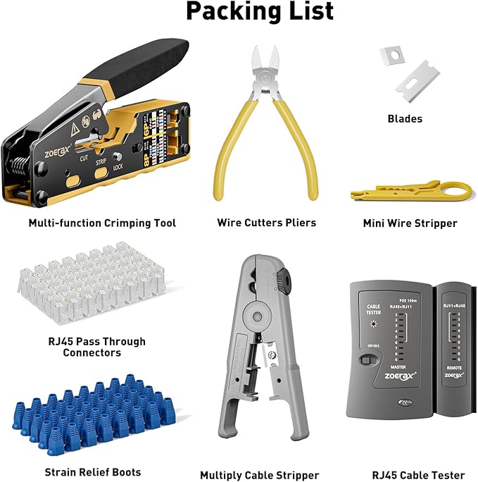 Ethernet Crimping Tool Kit RJ45 Crimp Tools,CAT5 Cat5e Cat6 RJ45 Crimping Tool Kit With Cable Tester, Multiply Stripper, Blades,50Pcs Cat 6 Pass Through Connectors and Strain Relief Boots