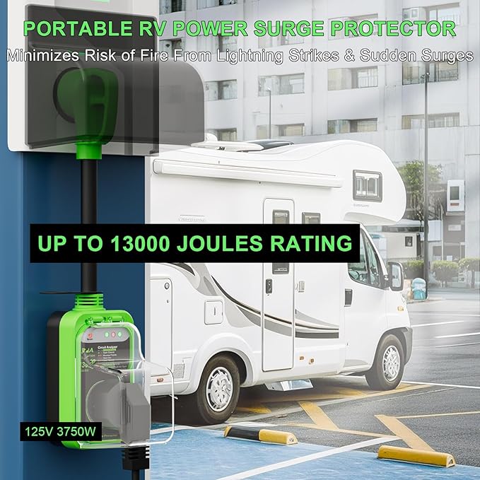 RV Surge Protector 30 Amp, 13000 Joules RV Circuit Analyzer with Waterproof Cover,RV Adapter Plug for Camper Travel Trailerss (30AMP-Green)