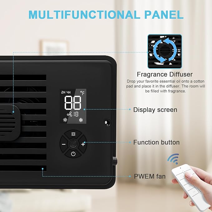 Register Booster Fan for 4" x 12" Vents Only,10 Speeds to Control Cool and Warm Airflow, Air Conditioning Vents with LED Screen Remote & Thermostat Control, for Room Walls & Floors (Black)
