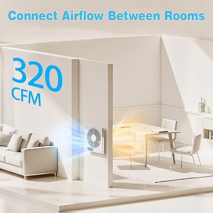 8" Room to Room Fan with Remote, 320 CFM Room to Room Air Transfer Fan, 10 Speeds Quiet DC Motor Through Wall Fan & Exhaust Fan for Bedroom, Laundry, Kitchen, Garage, ETL Certified