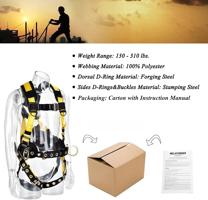 3D-Rings Fall Potection Safety Harness With Waist＆Leg Tounge Buckles|Waist & Shoulder Pad Support ANSI Compliant