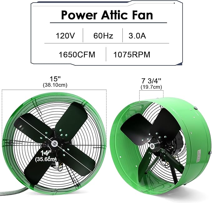 Hiorucet Upgraded 15 Inch Gable Vent Exhaust Fan, 1650CFM 2500 SQF High Performance Low Noise Attic Gable Mount Fan with Adjustable Thermostat, 14 Inch Blade and Permanently Lubricated Motor, Green.