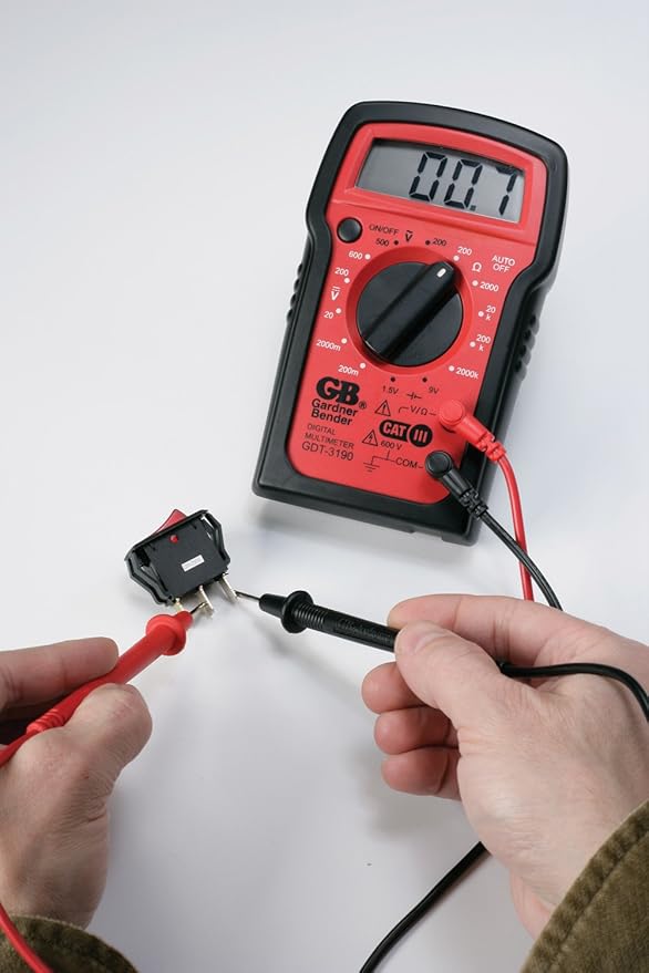 Gardner Bender GDT-3190 Digital Multimeter, 4 Function, 14 Range, Tests AC/DC Voltage, Resistance, and Battery, Manual Ranging, Auto-Off, 1/Each, Red With Black Rubber Boot
