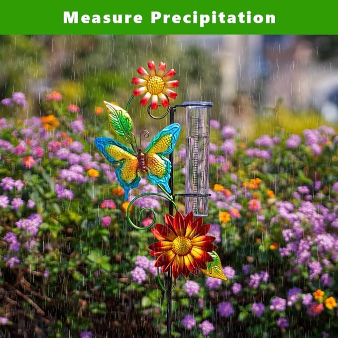 Rain Gauge Outdoor, Butterfly Rain Gauge with 7 Inch Tube, Metal Rain Measure Tool, Decorative Rain Measure Gauge for Outdoor, Garden Decor