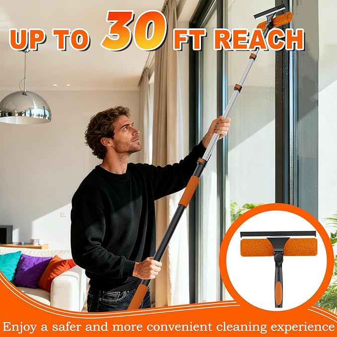 36FT Reach 2-in-1 Window Squeegee, Professional Window Washing Kit with 7-30FT Extension Pole for Home, Indoor Outdoor Squeegee with Rotatable Head for High Windows