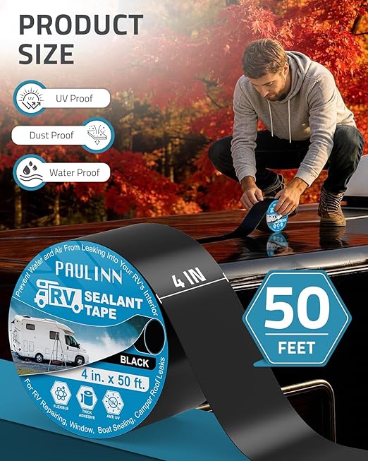 PAULINN RV Camper Roofing Repair Sealant Tape Black, 4 Inch X 50 Foot Natural Rubber Roof Sealing Tape, UV & Weatherproof Roof Seal Tape for RV Camper Trailer Boat Sealing Leak Repair