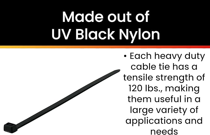 Pro Tie Heavy Duty Cable Ties, Self-Locking Nylon Cable Wire Ties for Indoor and Outdoor Use | 7.9-Inch, 120 lbs. Tensile Strength, UV Black Nylon, 100-Pack (PN: B8HD100)