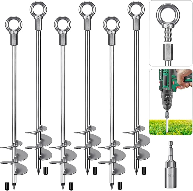 24'' Ground Anchors Screw in Heavy Duty 12mm Solid Steel, 3" Spiral Blade with Smooth Edges, Fully Welded Design for Mobile Home, Shed, Trampoline, Swing Set, Carport, Earth, Tent, 6Pack