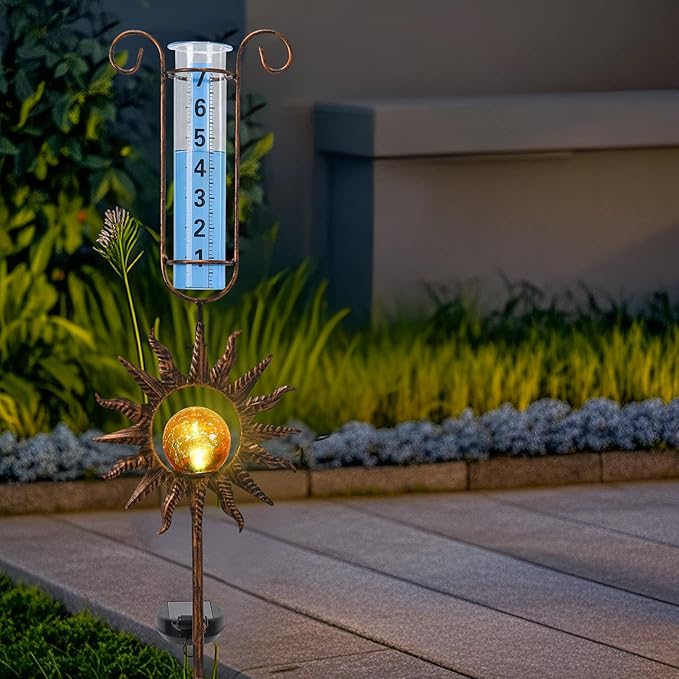 MUMTOP Rain Gauge Outdoor, 34 Inch Large Number Solar Lights Sun Water Gauge for Lawn, Yard and Garden