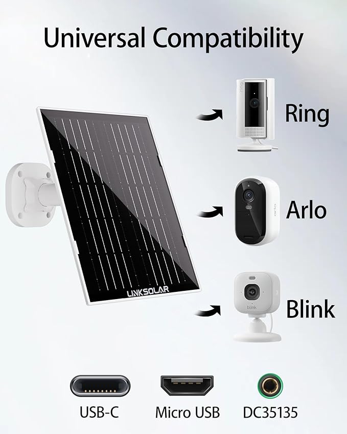 Dual 5W Solar Panels for Ring Camera, All-in-1 Glass Solar Charger for Outdoor Stick Up Battery Home Security Camera, Micro USB, DC Input, USB-C Port, 9.8ft Cable, 360°Adjustable Bracket