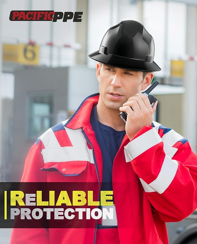 PACIFIC PPE Full Brim Hard Hat, OSHA Construction Safety Helmet Certified to ANSI Z89, 4 Point Adjustable Ratchet Suspension, Class E, G & C, Black