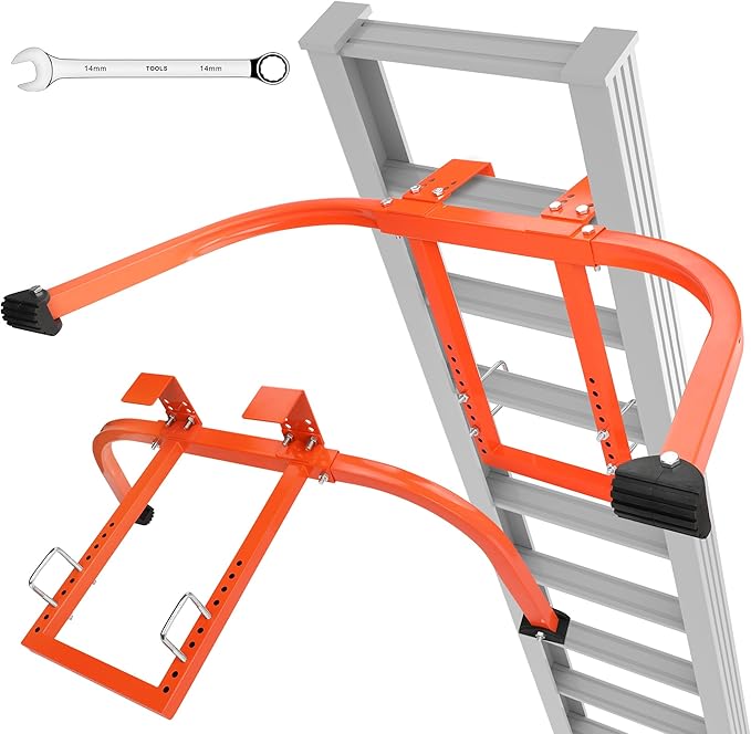 Ladder stabilizer, Extended Ladder Standoff Stabilizer Accessory for Roof Gutter＆Wall, Ladder Roof Stabilizer Heavy Duty Steel with Non-Slip Rubber Bottom pad, Orange, 7.4lb