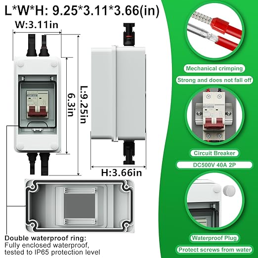 Solar DC Disconnect Switch 40 Amp 500V DC Miniature Circuit Breaker with IP65 Waterproof Box for Outdoor PV Stystem, Rv and Solar Panel