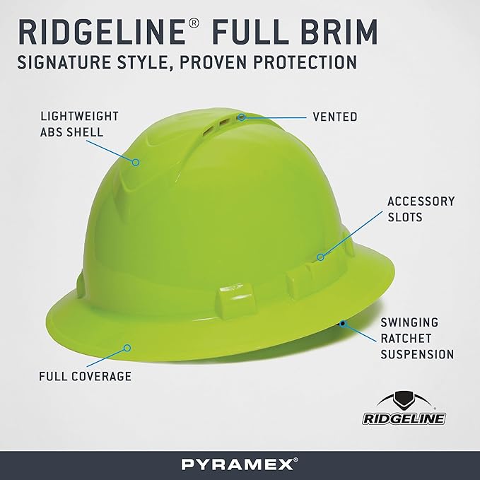 Pyramex Ridgeline Full Brim Vented Hard Hat 4 Point Ratchet Suspension