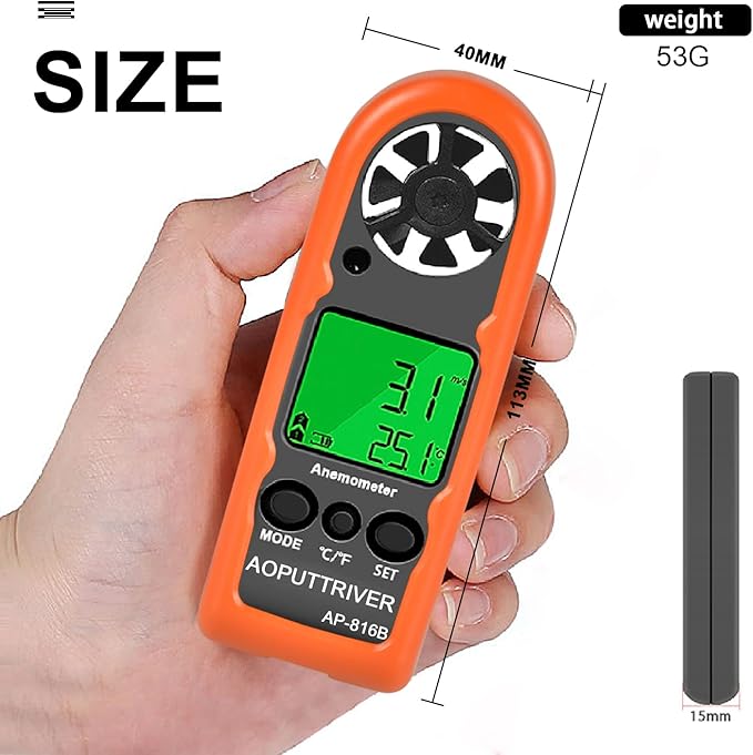Digital Wind Speed Meter Air Flow Meter Measuring Wind Chill and Max/Average/Current/Temper Speed, Mini Anemometer for Sailing Fishing Hunting HVAC