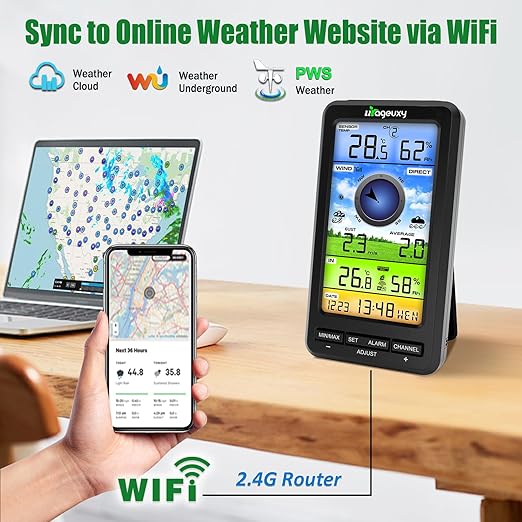 Urageuxy Wireless WiFi Weather Station Anemometer with Solar Wind Speed/Direction, and Indoor Outdoor Thermometer and Hygrometer