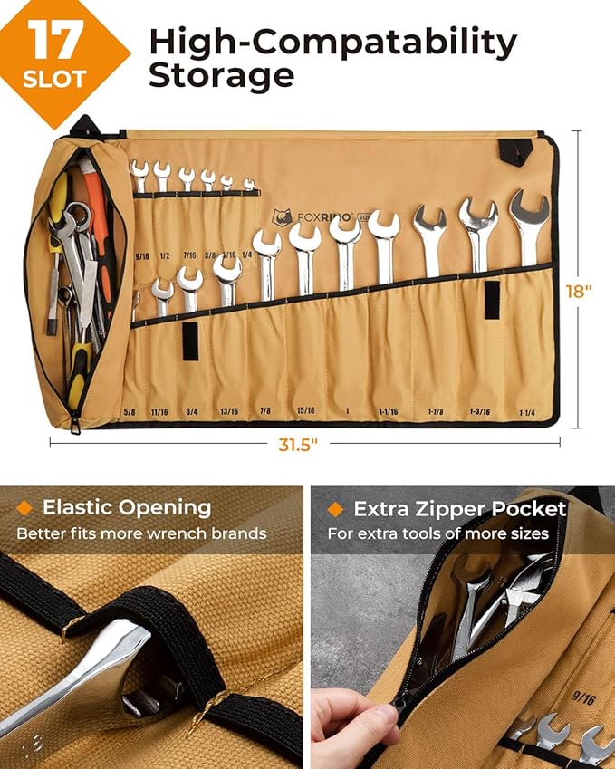 Wrench Roll, Wrench Roll Up Pouch, 17-Pocket Heavy Duty Canvas Wrench Organizer Bag for Metric Combination Wrenches, Portable Tool Roll Bag, Gifts for Men for Christmas (Brown, 17+1 SAE)