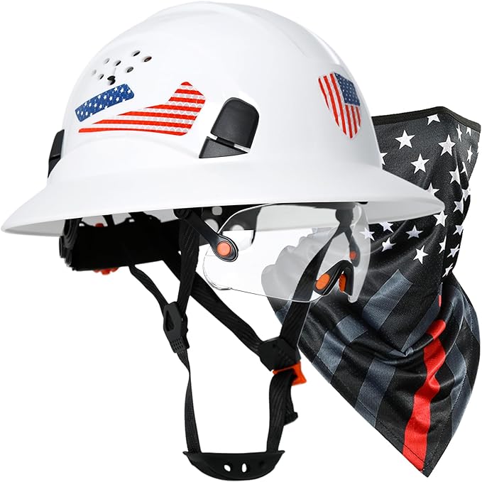 Full Brim Hard Hats Construction OSHA Approved with Visor-Vented Hard Hat with Neck Gaiter with Ear Loops,Safety Hard Hats for Men with Chin Strap ANSI Z89.1 Type 1 Class C,6-pt Suspension