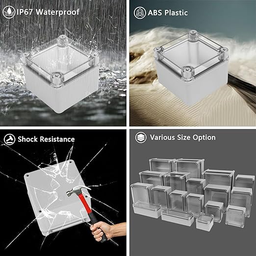 LeMotech Junction Box IP67 Waterproof Dustproof Electrical Box Project Box DIY Enclosure Gray with Transparent Clear Cover, External Size 3.9x3.9x3.0in (100x100x75mm)