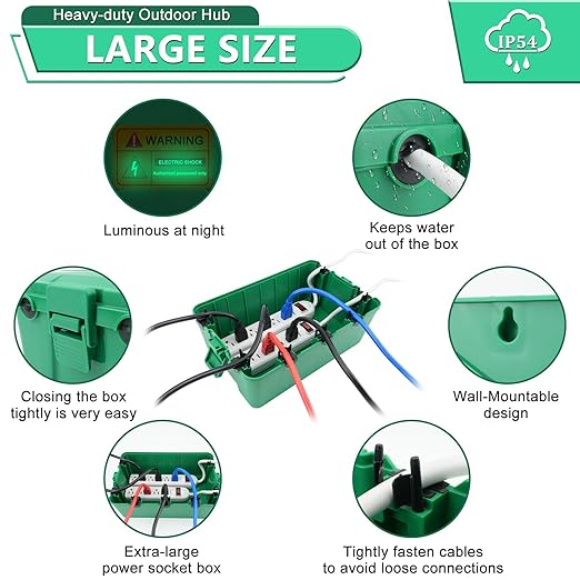 NineLeaf IP54 Waterproof Electrical Box, Outdoor Weatherproof Plug Cover (12.5 x 8.5 x 5 inch),Extension Cord Cover for Outdoor Timer, Extension Cord, Power Strip, String Light, Green