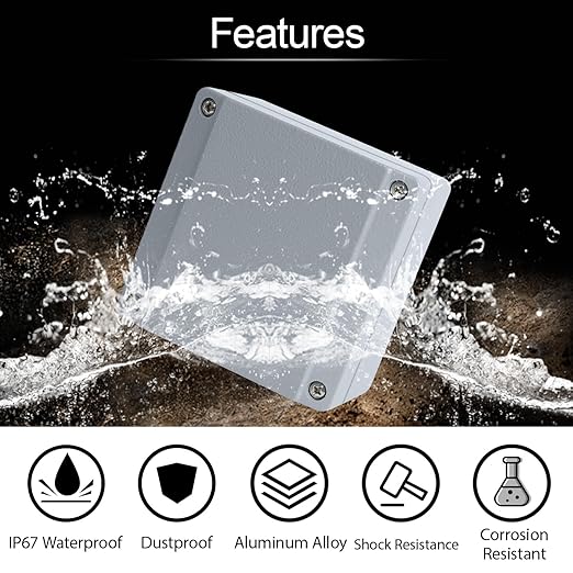 LeMotech Junction Box, Aluminum Alloy Metal Electrical Box, IP67 Waterproof Dustproof Project Box, Outdoor Universal Enclosure, Grey 3.9x3.9x2.3in (100x100x60mm)