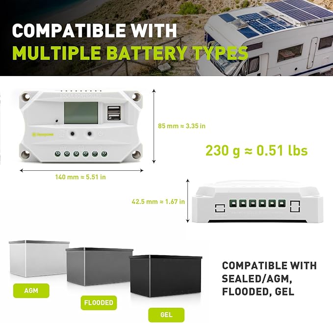 Newpowa 20A Solar Charger Controller Solar Panel Battery Intelligent Regulator with USB Port Display 12V/24V (20A Positive Ground)