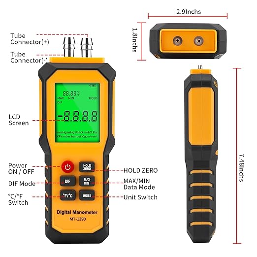 5/16 Inches Diameter Pressure Port Digital Manometer, YZT Meter Dual Port Air Pressure Meter Pressure Gauge HVAC Gas Tester, Differential Pressure Manometer