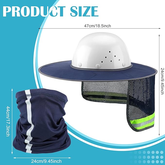 SATINIOR 2 Pcs Sun Hard Hat Neck Protection High Visibility Full Brim Mesh Sun Protection and Neck Gaiter Bandana Face Scarf for Construction Helmet Hard Hat Accessories, Reflective(Navy Blue)
