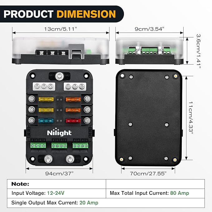 Nilight 6 Way Fuse Relay Block with Acc Control Negative Bus 12V Blade Holder ATC/ATO Box Label Stickers Waterproof Cover Panel for Automotive Cars Motorcycle RVs Vans
