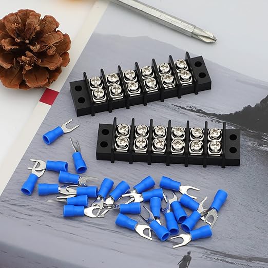 Terminal Block,2 Pack 6 Circuits 20-30A 200v-450v Dual Row Screw Terminals Strip +24 PCS Heat Shrink Wire Connectors