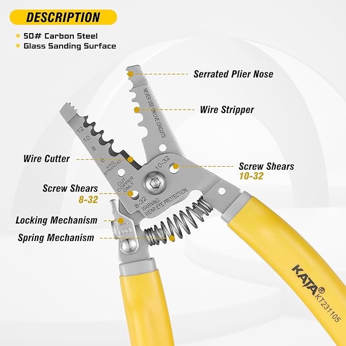 KATA 7 Inch Wire Stripper, Wire Cutter, Stripping/Cutting Tool for 6-12 AWG Stranded Wire and Shearing 8-32 Screws, Multi-function Electrician Stripper/Crimper Plier for Cable Stripping Cutting