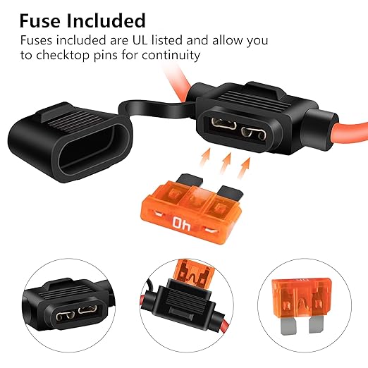 MulWark 2 Pack 10 Gauge Tinned Copper Marine Wire Waterproof IP67 Inline Fuse Holder Pigtail Blade Fuse Block Relay with 40AMP Automotive Fuses Set for Car Truck ATV Boat Motorbikes