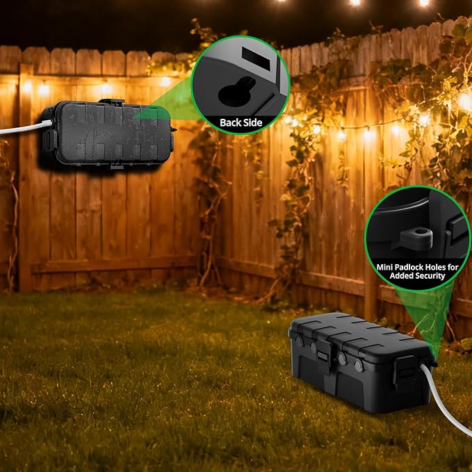 QUOBAS Outdoor Waterproof Electrical Box with 6 Cable Ports, IP54 Weatherproof Heavy-Duty Extension Cord Cover for Power Strips, Garden Power Tools, Holiday Lights, Black