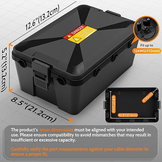 Wowbox Medium Outdoor Electrical Box Waterproof (12.6 x 8.5 x 5.2inch), Black Weatherproof Extension Cord Box w/6 Cable Entry, IP54 Waterproof Outdoor Outlet Covers for Power Strip, Plug