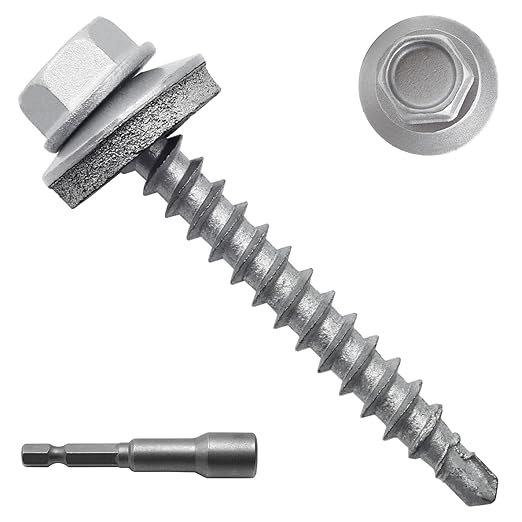 250pcs #10 x 1-1/2" Galvanized Hex Head Self-Drilling Metal Roofing Screws, EPDM Washer, No Paint, Sheet Metal Roof Screw with Hex Driver Bit