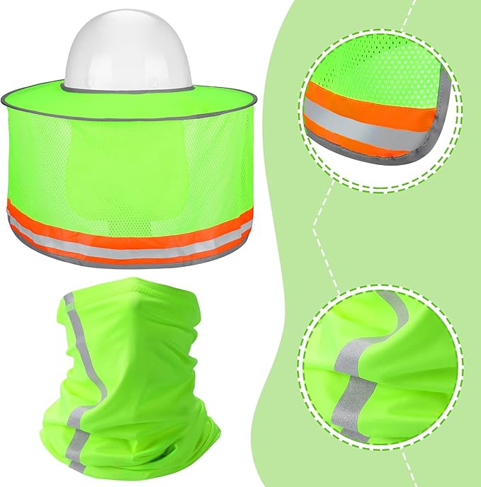 SATINIOR 3 Pcs Sun Hard Hat Neck Protection High Visibility Full Brim Mesh Sun Protection Bandana Headband Arm Sleeves with Reflective Strap for Construction Helmet Hard Hat(Neon Green)