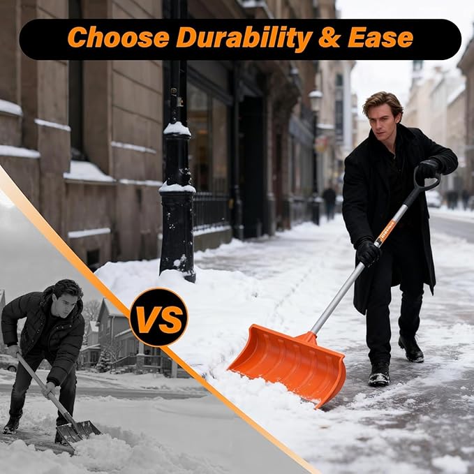Snow Pusher, 24-inch Wide Snow Shovel for Driveway, Snow Removal Tool for Car Garage, Sidewalks and Doorways, Snow Pusher Shovel with Ergonomic Grip and Aluminum Strip, Orange