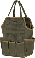Tool Bag, Heavy Duty 16oz Waxed Canvas Garden Tool Tote - with 3 Inner Slots & 8 Outer Pockets, Multi-Purpose Gardening Tool Storage Bag for Gardener Florist Workshop - Army Green