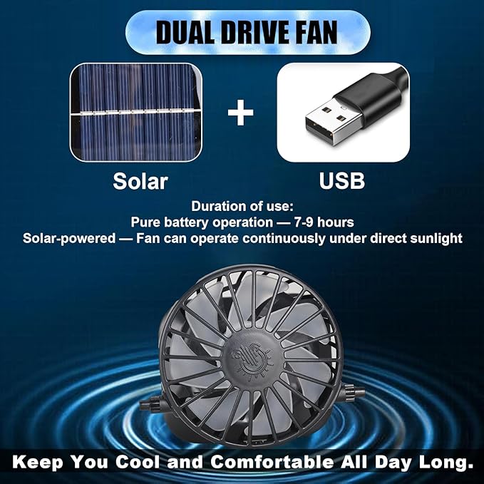 Solar Fan Sun Hat, Widen Brim Outdoor Fishing Men Hat with 2 Fans, Adjsutable 180°Rotating Cooling UPF 50+