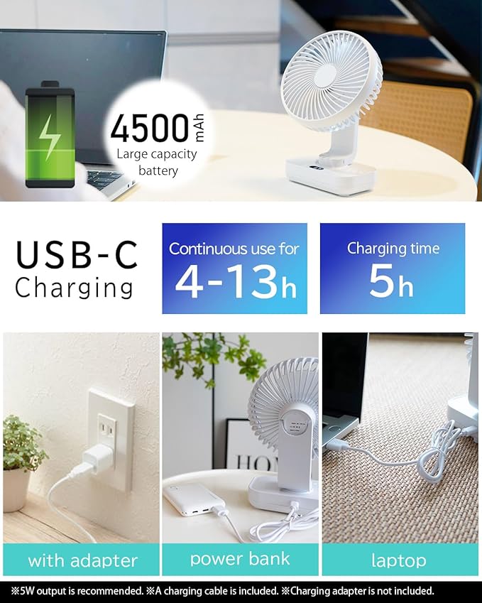Oscillating Small Desk Fan, with USB Rechargeable Battery, Ultra Quiet, 4 Speeds, 13-Hour Runtime, Wall-Mount Option, Quiet Fan, Home, Bedroom and Office, White