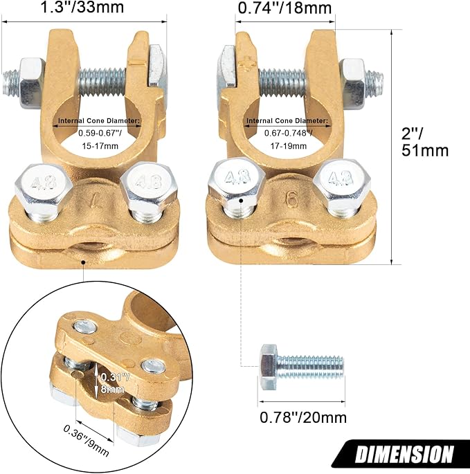 CZC AUTO Battery Terminals Connectors Clamps, Brass Positive & Negative Top Post Battery Terminal Protector Set for Marine Car Boat Camper Truck Vehicle, 1 Pair