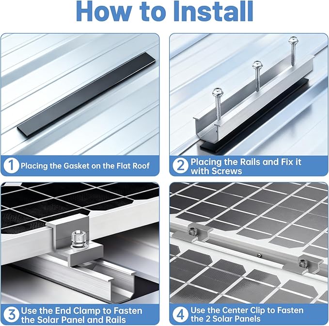 Solar Panel Mounting Brackets, 6 Pcs Aluminum Solar Panel Bracket Kit with Mounting Rails Mid & End Clamps, Solar Panel Mount for Rooftop Tin Flat Metal Roof RV Boat PV Modules Fixing Installation