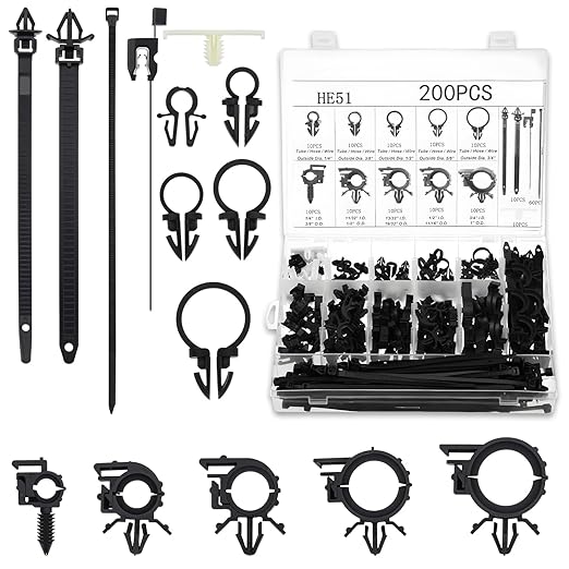 200Pcs Car Wire Loom Routing Clips Assortment, Nylon Car Push Mount Cable Tie Black Push Mount Zip Ties Wire Loom Clips Harness Clip Replacement Parts for Automotive