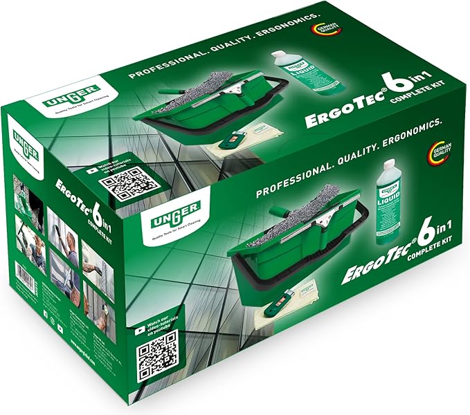Unger AK015 Window Cleaning Kit PRO Set - Power Washer Sleeve, ErgoTec Squeegee, Bucket 18L, Liquid Glass Cleaner 1L, Safety Glass Scraper, Microfibre Cloth - Professional Window Cleaner, Green