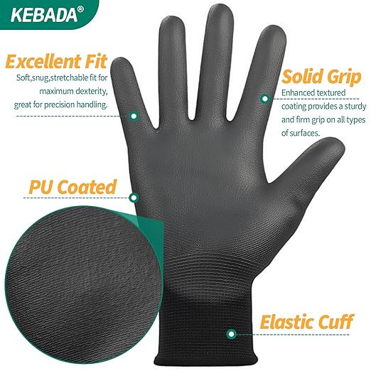 Kebada W1 Safety Work Gloves, PU Coated Touch Screen Work Gloves with Grip, Bulk Pack Working Gloves for Warehouse, Construction, Gardening and Mechanic Use, Black, 50 Pairs, Medium