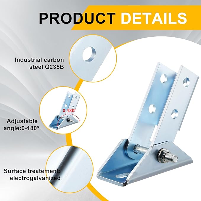 8 Pcs Adjustable Brace Fitting, Fit for 1/2" Bolt in 1-5/8" Strut Channel, Solar Panel Bracket Base 8 Hole Wing 180 Degree Turn Joint Connector Bracket for Mounting and Supporting Solar Panel
